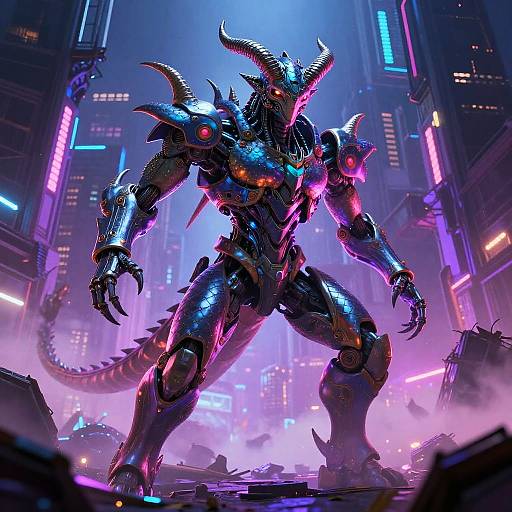 Cyberpunk digital art: A towering, horned, armored demon with glowing neon accents and sharp claws stands in a neon-lit, futuristic city