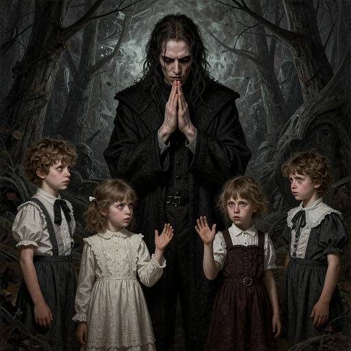 Photorealistic digital artwork: Tall, eerie man with long dark hair, black coat, praying hands, surrounded by four solemn, curly-haired children in