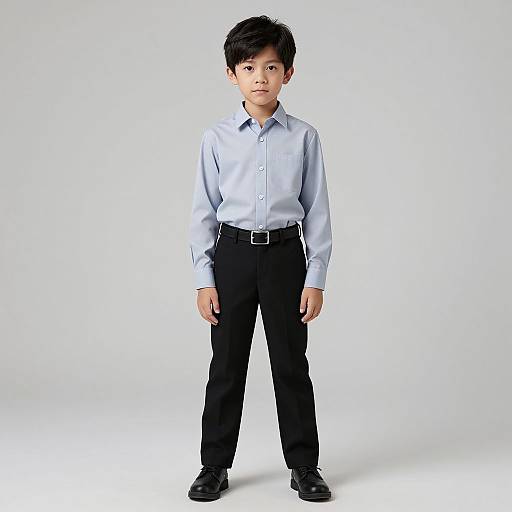 Photograph of an Asian boy with black hair, wearing a light blue dress shirt, black pants, and black shoes, standing against a plain white background