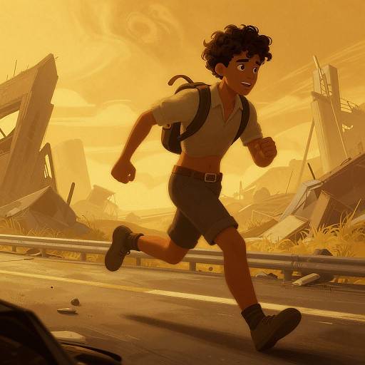 Digital illustration of a curly-haired boy in a school uniform running along a damaged, sunlit road with ruins in the background.