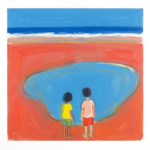 Abstract painting of two children, one in yellow shirt and green shorts, other in pink shirt and red shorts, standing by a blue pool on a red
