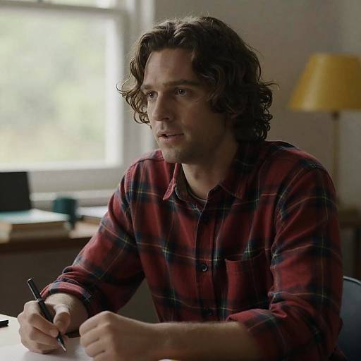 Man in Plaid Shirt at Desk