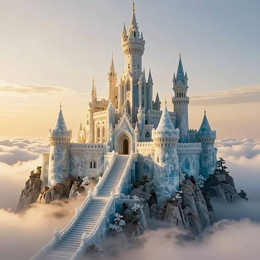 Photorealistic CGI of a majestic, icy blue castle with multiple spires, towering central staircase, and surrounded by clouds, bathed in golden sunset