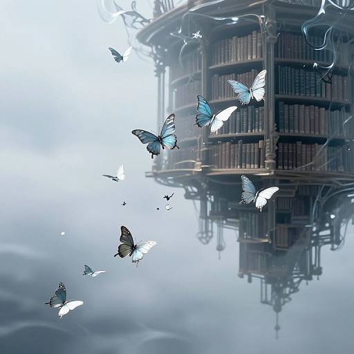 Digital art: Floating, ornate library reflected in calm water, surrounded by blue and white butterflies, with soft, ethereal lighting.