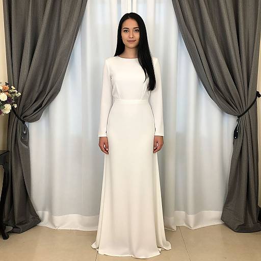 Photograph of a young South Asian woman with long black hair, wearing a white long-sleeve dress, standing in front of white curtains with gray