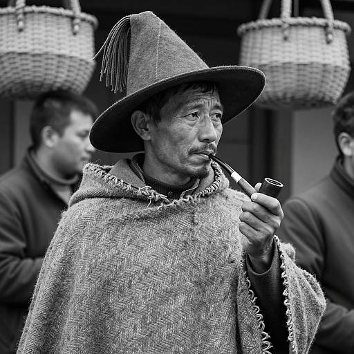 Man in Traditional Hat Smoking Pipe