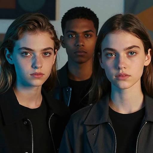 Photograph of two serious-faced young women with light skin, blue eyes, and straight brown hair in black jackets, standing in front of a darker-sk