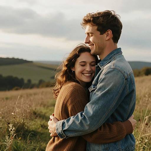 Cozy Couple Embrace in Rolling Fields