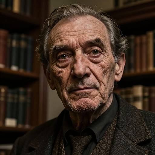 Photograph of an elderly man with wrinkled face, gray hair, and deep-set eyes, wearing a dark textured jacket, standing in a library with