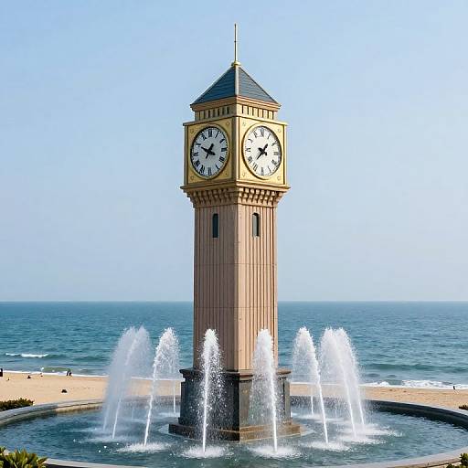 Photograph of a tall, beige clock tower with black clock faces, surrounded by six white fountains, overlooking a blue ocean and sandy beach on a