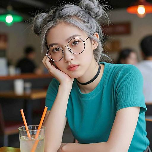 Young Woman with Grey Hair and Glasses in Cafe