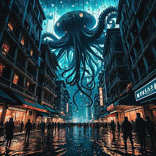 Giant Bioluminescent Cephalopod Over Submerged Venetian City