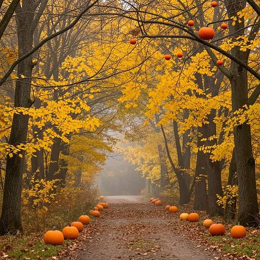 Photograph of a foggy autumn forest path lined with orange pumpkins, bright yellow leaves, and tall trees, creating a warm, inviting, and