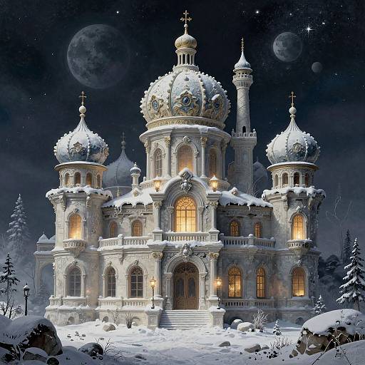 Surreal Snow-Covered Castle Nightscape