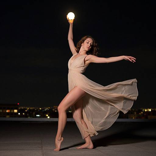 Photograph of a barefoot, curly-haired woman in a flowing, sheer beige dress, dancing at night, holding a glowing orb above her head.