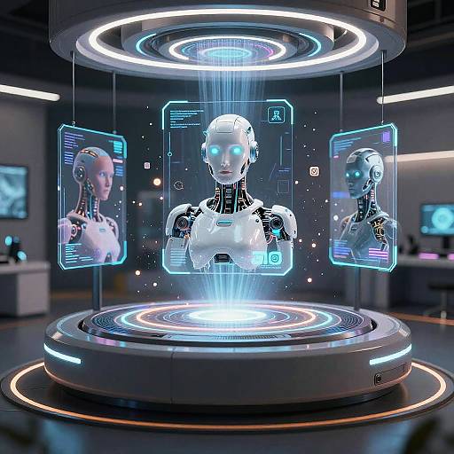 CGI image of a futuristic sci-fi scene: a glowing, holographic humanoid robot centered, flanked by two holographic faces, surrounded by neon