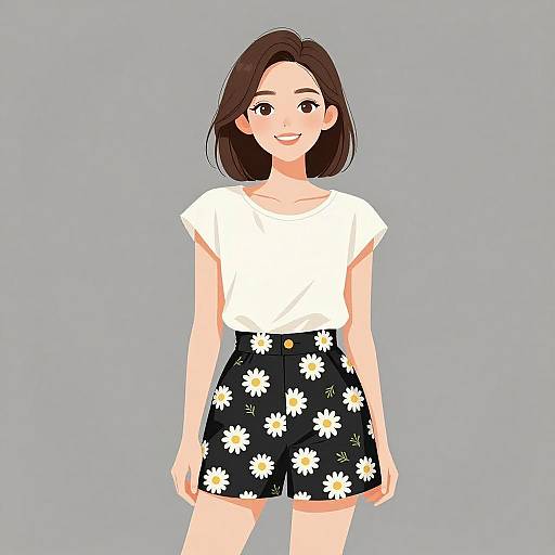 Digital illustration of a smiling Asian woman with medium-length brown hair, wearing a white short-sleeve top and black floral shorts, against a light gray