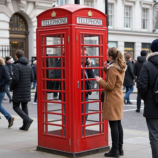 Photograph of a red British telephone booth in an urban street, with a woman in a tan coat using it, surrounded by pedestrians in winter clothing.
