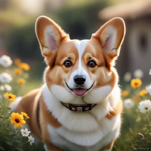 Realistic Corgi in Blurred Flower Field