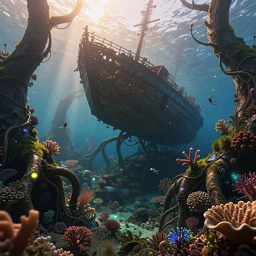 Photograph of a sunlit, underwater scene featuring a rusted, shipwreck amidst vibrant coral reefs and twisted, moss-covered trees, with light