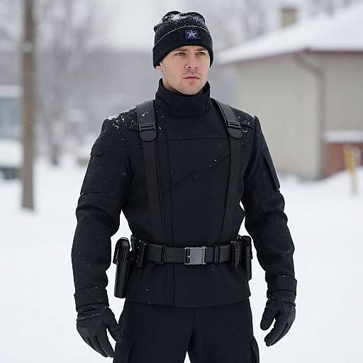 Photograph of a serious male police officer in black winter gear, beanie, and gloves, standing in a snowy outdoor setting.