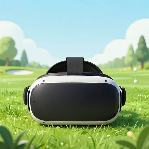 Photograph of a black and white virtual reality headset lying on vibrant green grass with a blurred sunny park background.