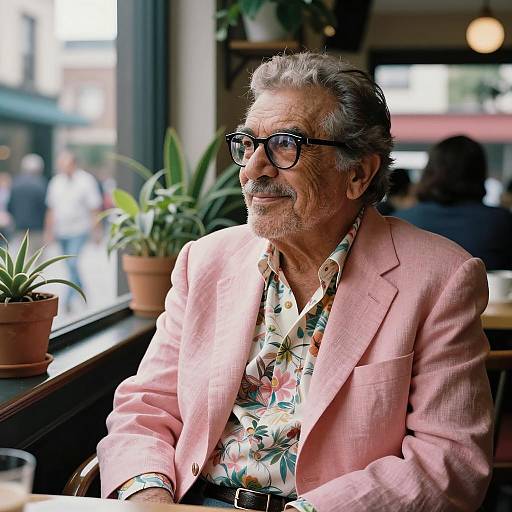 Elderly Man in Pastel Blazer at Cafe