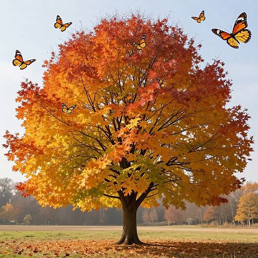 Photograph of a vibrant autumn tree with fiery orange and red leaves, surrounded by six orange and black butterflies, set against a clear blue sky and grass