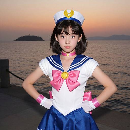 Photograph of an Asian girl in a Sailor Moon costume, standing on a pier at sunset, wearing a white hat, pink bow, and blue skirt