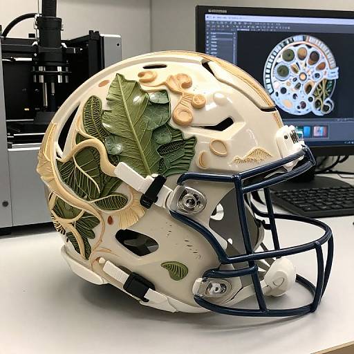 Photograph of a white, intricately designed football helmet with green leaf patterns, black faceguard, and CNC machine in the background.