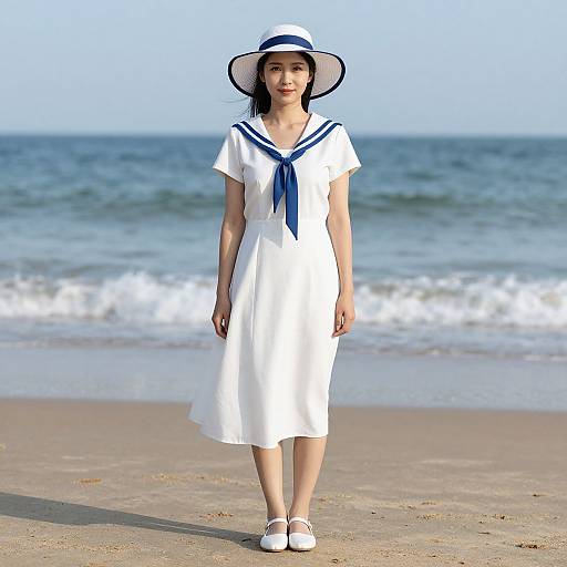Photograph of an Asian woman in a white sailor dress with blue necktie and hat, standing on a sandy beach with waves in the background, wearing