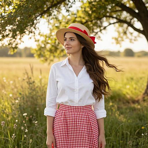 Woman in Sunny Meadow with Straw Hat