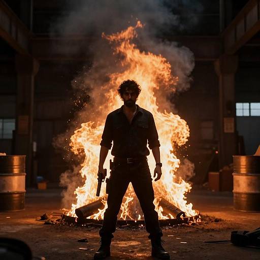 Bearded Man in Fiery Warehouse