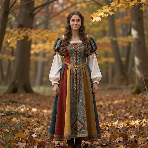 Young Woman in Colorful Medieval Dress in Autumn Forest