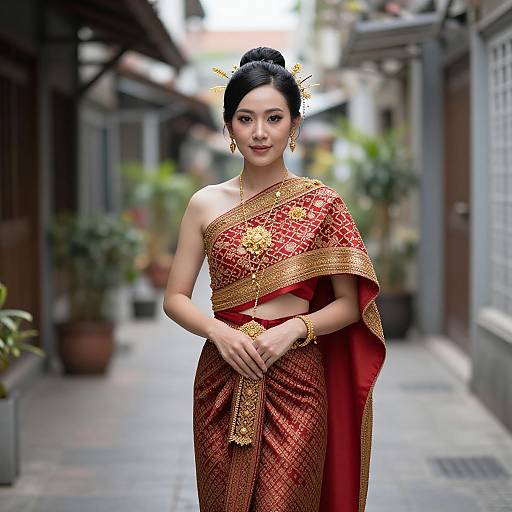 Photograph of an elegant Asian woman in a red and gold traditional sari, standing in a narrow, blurred alleyway.