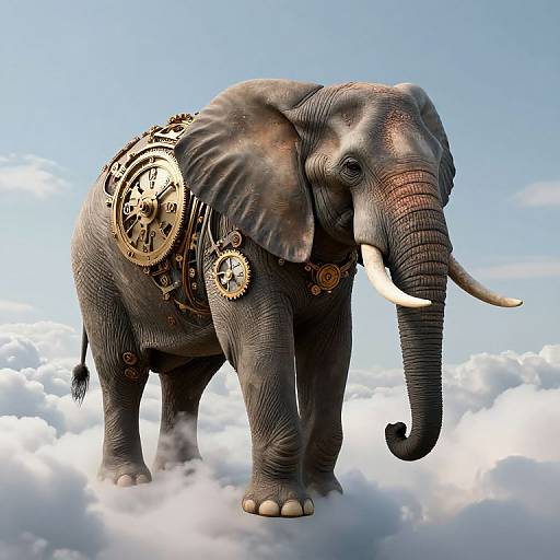 Digital artwork of a majestic, gray elephant adorned with intricate, golden clockwork gears, standing on a fluffy cloud against a clear blue sky.
