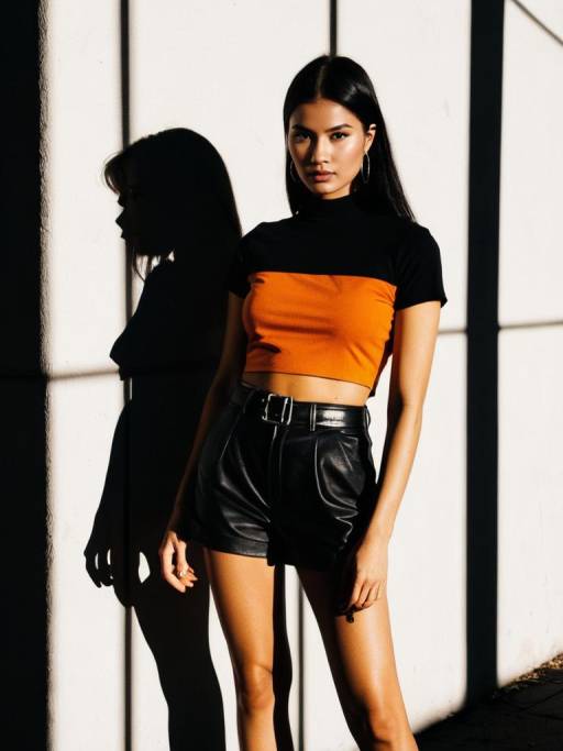 Chic Woman in Black and Orange Crop Top with Leather Shorts