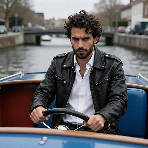 Man in Boat with Intense Expression