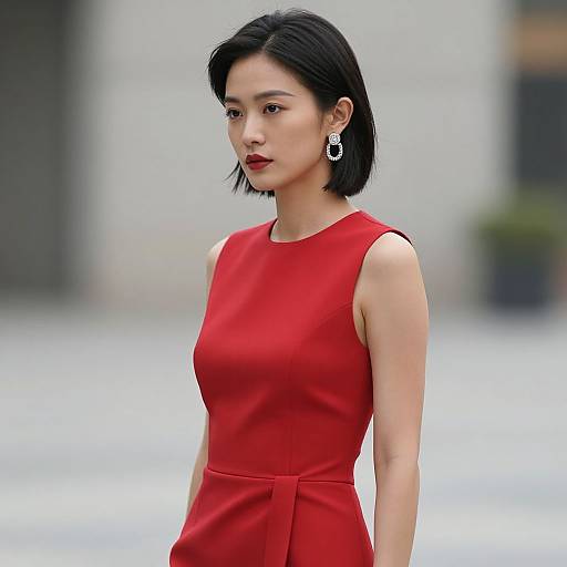 Photograph of an Asian woman with short black hair, wearing a sleeveless red dress and silver earrings, standing outdoors with a blurred urban background.