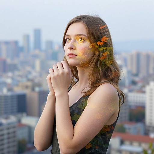 Photograph of a young woman with fair skin, brown hair, and amber eyes, wearing a black sleeveless top, hands clasped near her face