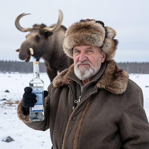 Photograph of an older, bearded man in a fur hat and brown coat, holding a bottle, with a moose in snowy background.