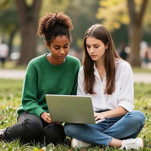 Two Women Working on Laptop Outdoors