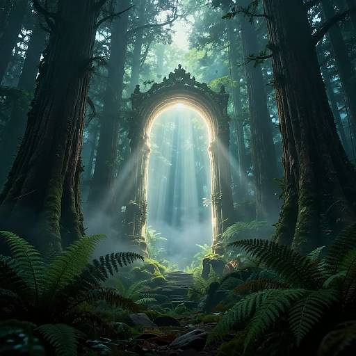 Mysterious, sunlit archway in dense, misty forest, surrounded by tall trees and lush ferns. Light beams through, illuminating ancient
