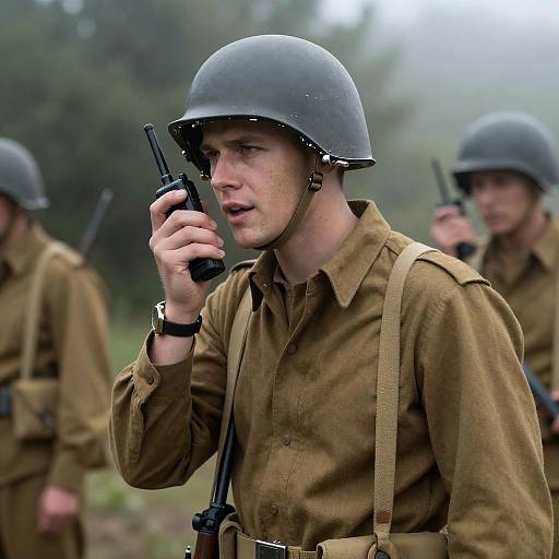 WWII Soldier Communicating in Dense Greenery