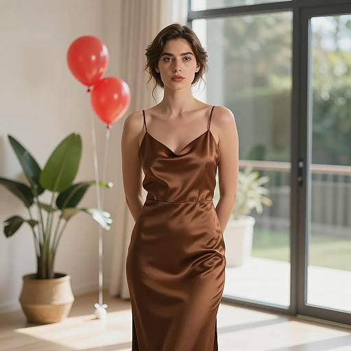 Woman in Satin Brown Evening Gown Indoors