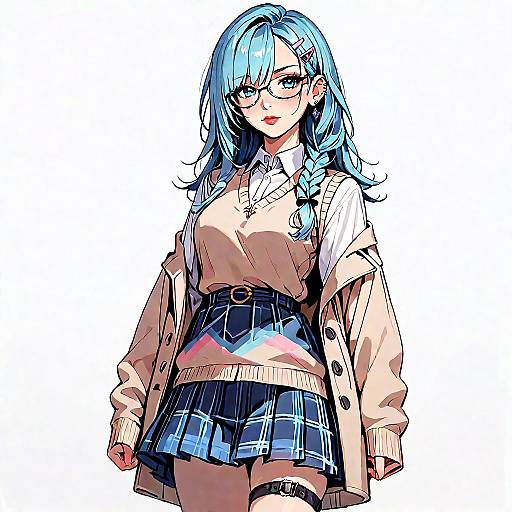 Anime Girl with Blue Hair and Plaid Skirt