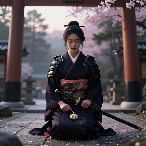 Serene Female Samurai in Temple Courtyard