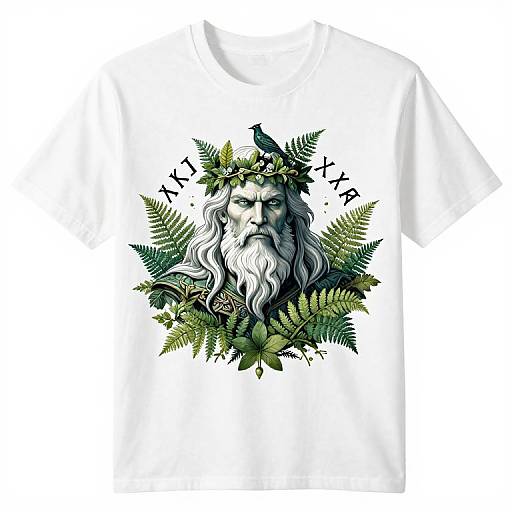 Tattoo-style white T-shirt featuring a detailed, black-and-white bearded lion with flowing mane, surrounded by green ferns and black birds.