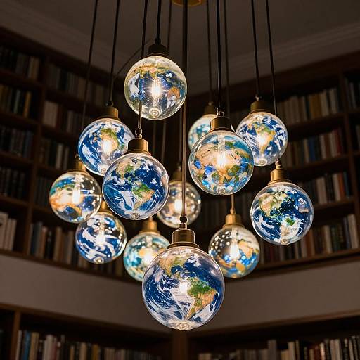 Photograph of a modern chandelier with glass globes depicting Earth, hanging in a dimly lit library with shelves of books.