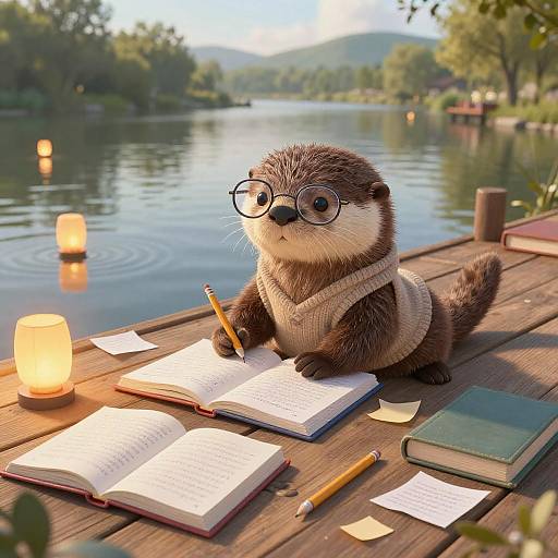 Cute, cartoon otter with glasses and a scarf writes on a wooden dock by a serene lake with floating candles.